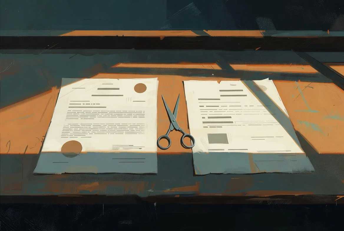 Editorial illustration of two contracts side by side, one stamped with the DMW seal and the other unstamped — torn down the middle to suggest the bait-and-switch at the heart of contract substitution in the overseas Filipino worker pipeline.