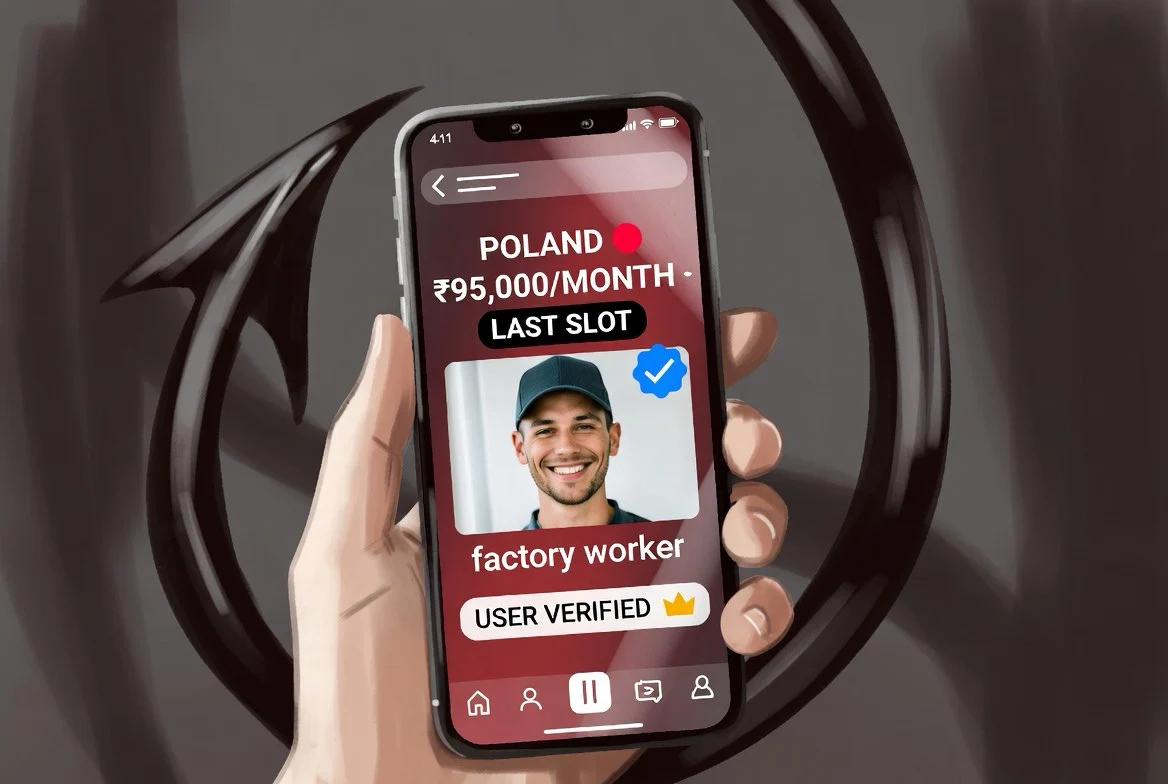 Editorial illustration of a smartphone showing a too-good-to-be-true TikTok job ad reading POLAND, 95K per month, LAST SLOT, with a faint fishhook shape behind the screen.