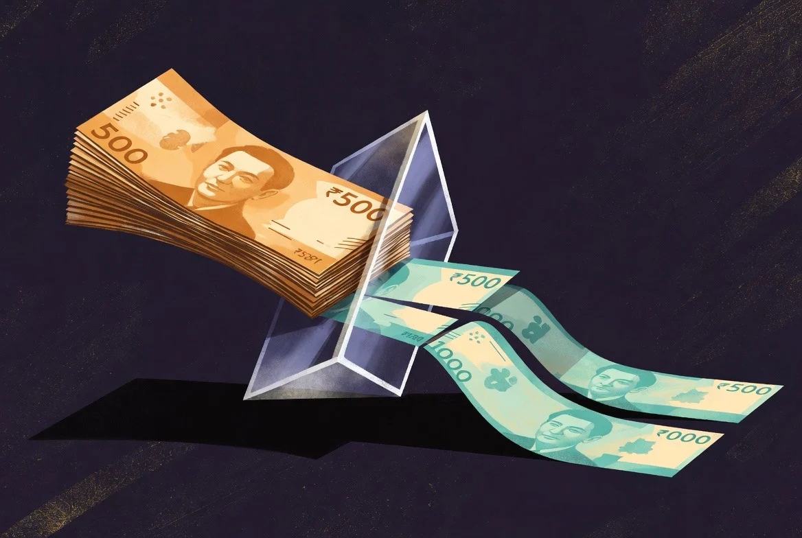 Editorial illustration of Philippine peso banknotes passing through a tilted prism that splits them into three distinct streams — representing the three hidden fees every remittance service charges OFWs.