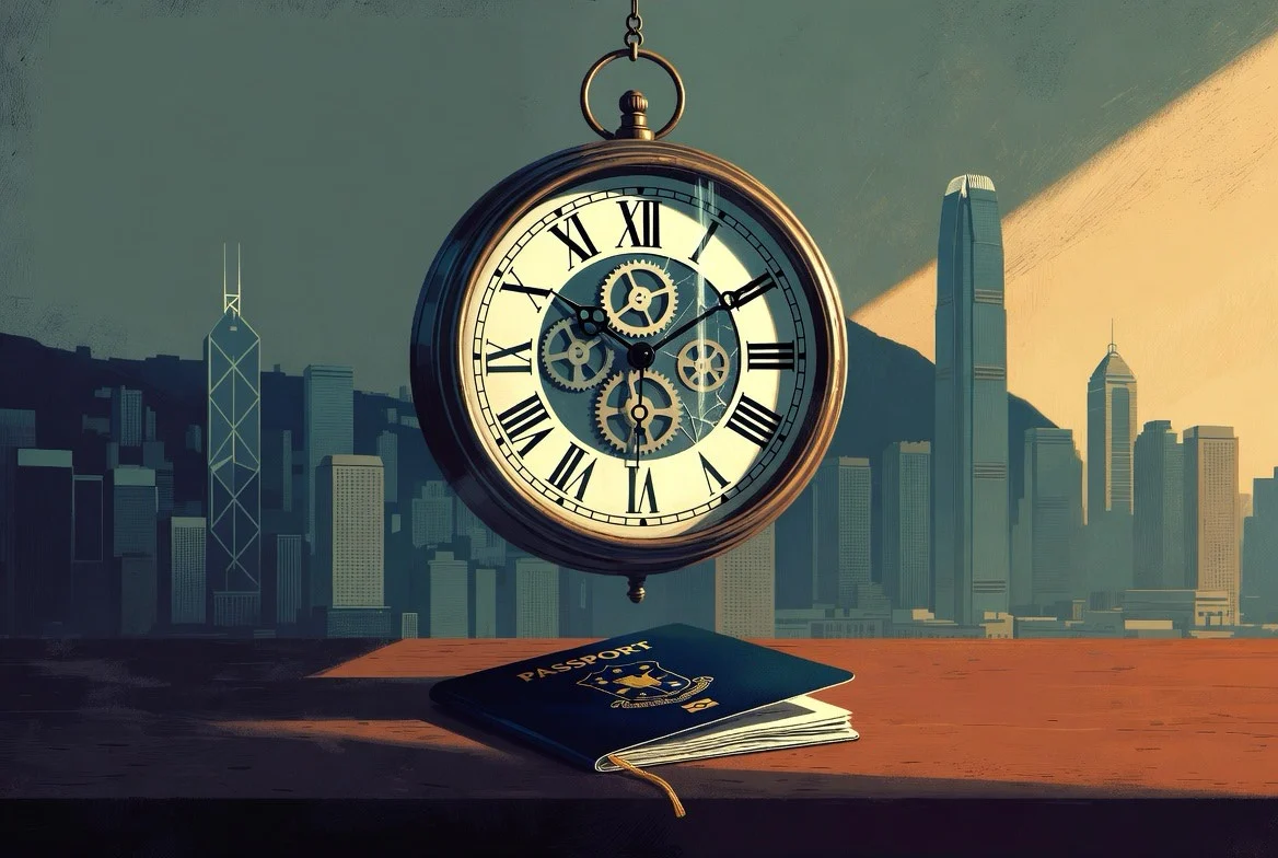 Editorial illustration of a vintage clock hovering above an open Philippine passport, with the Hong Kong skyline at dusk in the background — evoking the urgency of the 14-day countdown that shapes the lives of Filipino domestic workers in Hong Kong.