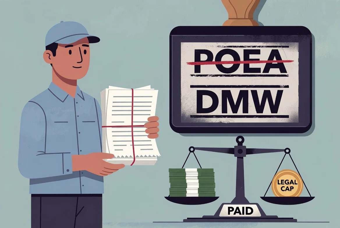 Editorial illustration of an OFW holding a stack of agency receipts beside an old POEA stamp crossed out and re-stamped DMW, with a small balance scale weighing what was paid against the legal cap.