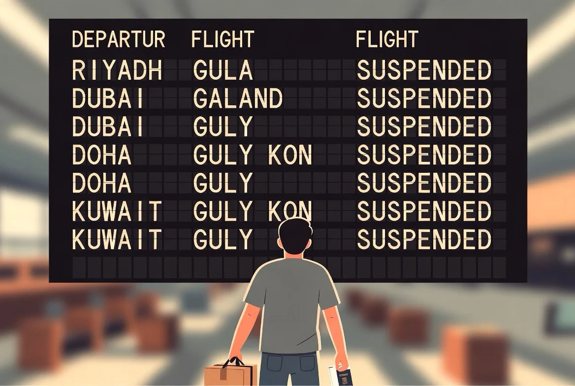 Editorial illustration of an airport departure board where every Gulf-city row reads SUSPENDED, while a lone Filipino worker with a balikbayan box looks up at it.