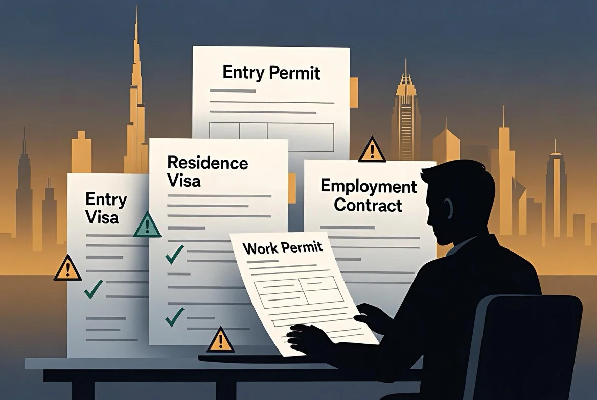 Editorial illustration of a Filipino worker at a desk comparing four UAE documents labeled entry permit, residence visa, work permit, and employment contract, with the Dubai skyline in the background.